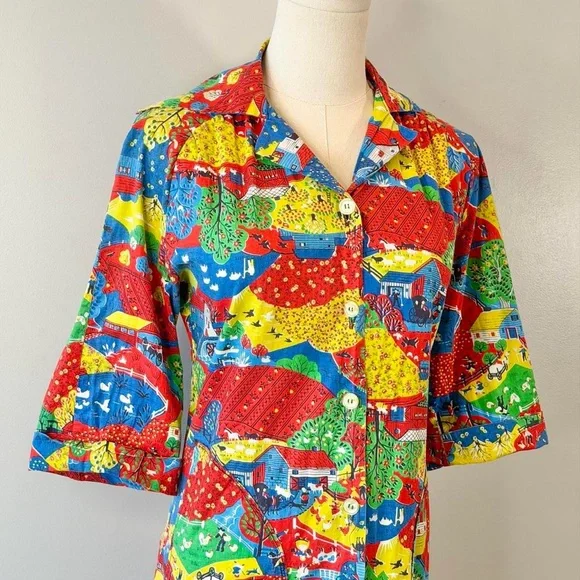 Vintage 1970s Novelty Print Tunic Shirt Jacket Farm Rainbow Retro 70s Groovy - Picture 3 of 8